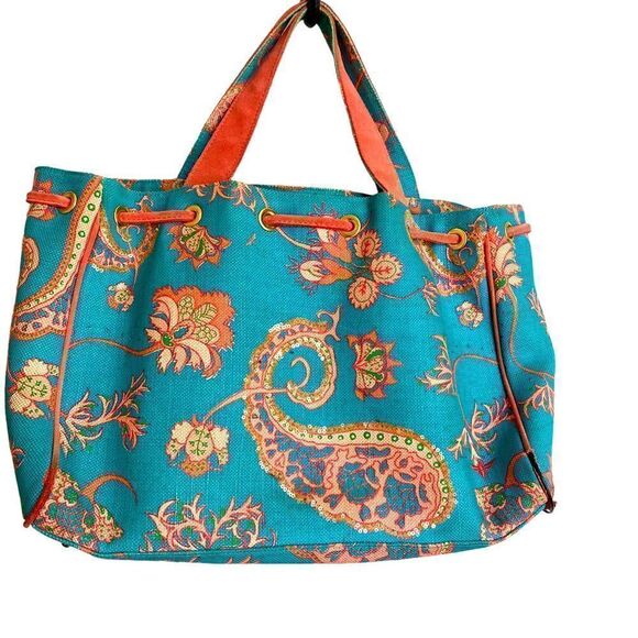 Buzz by Jane Fox Satchel Blue and Coral Paisley - Picture 1 of 8